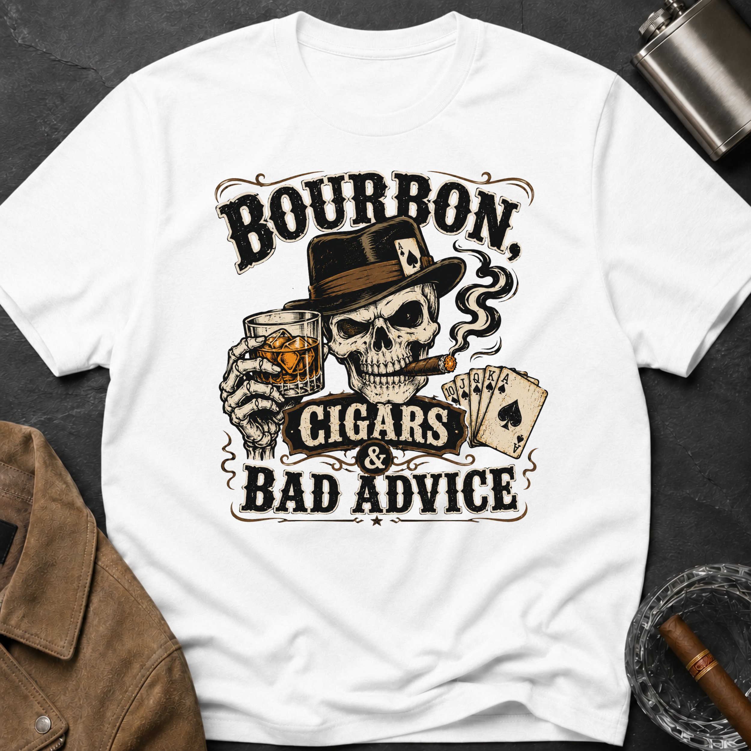 Bourbon, Cigars & Bad Advice T-Shirt — Skull Whiskey Bar Graphic Tee