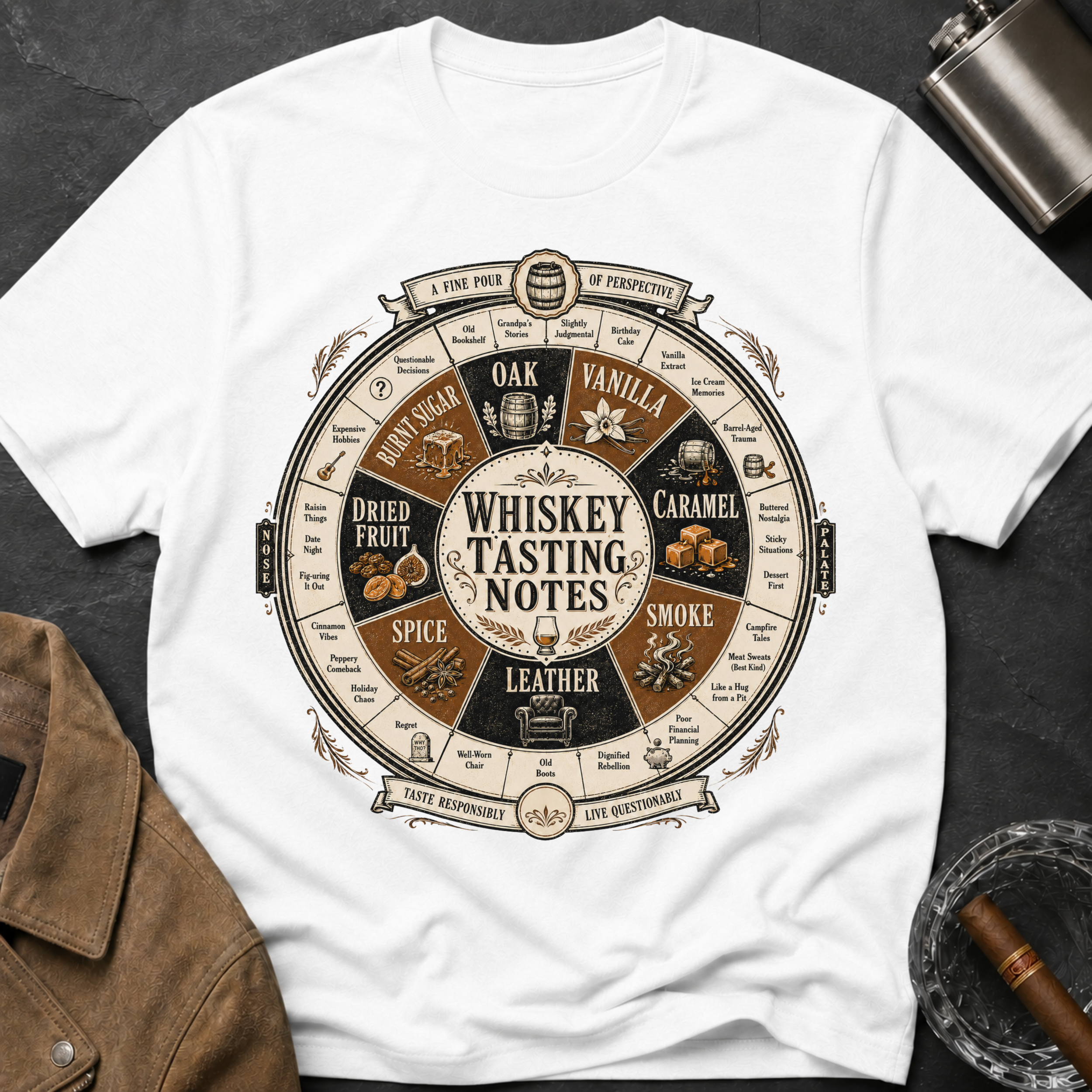 Whiskey Tasting Notes T-Shirt — Vintage Whiskey Flavor Wheel