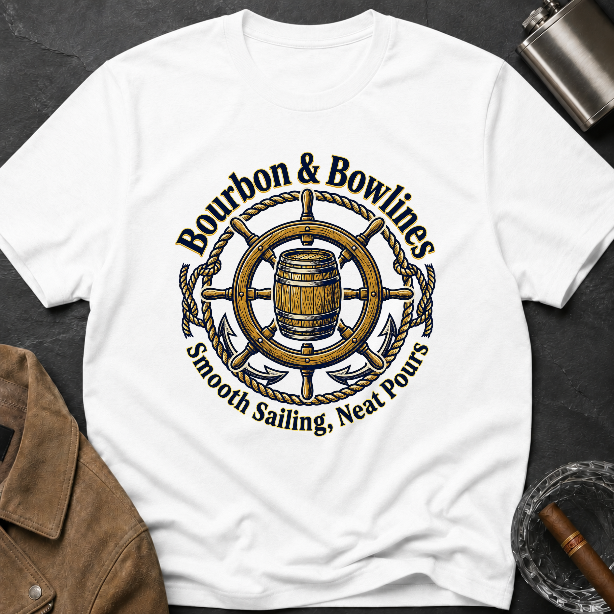 Bourbon & Bowlines — Nautical Whiskey Sailing Graphic T-Shirt
