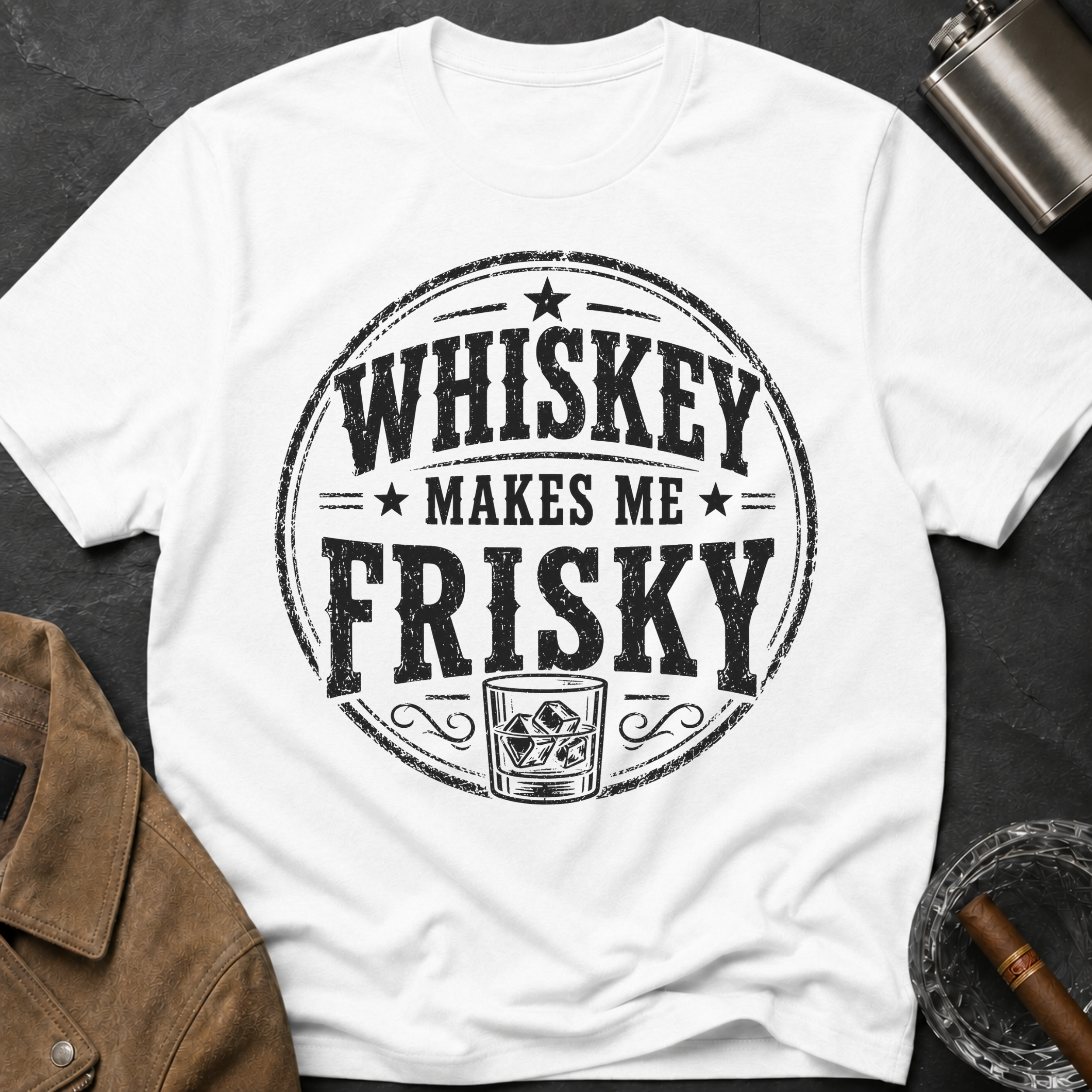 Whiskey Makes Me Frisky T-Shirt — Vintage Bar Drinking Graphic Tee