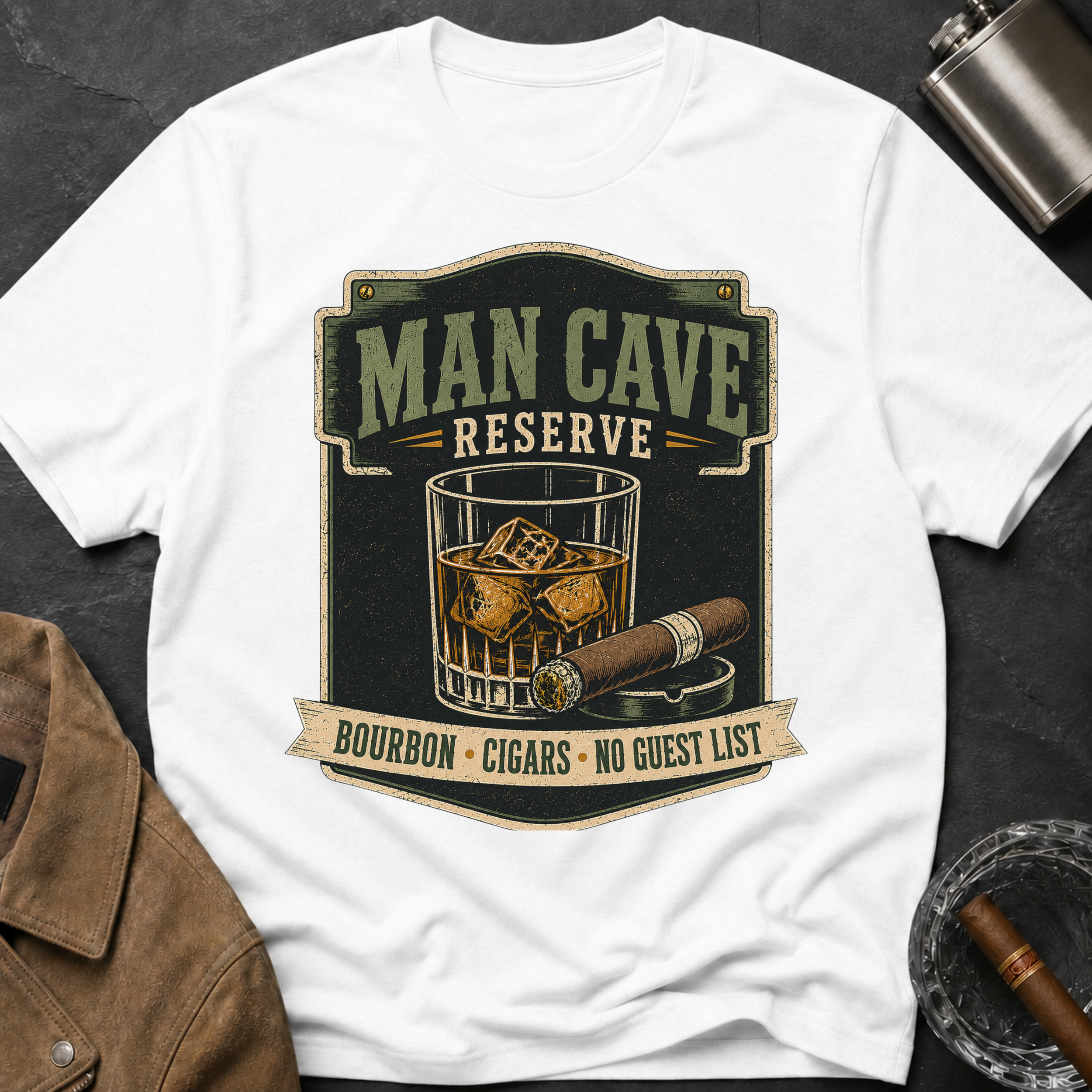 Man Cave Reserve T-Shirt — Vintage Whiskey & Cigar Lounge Tee