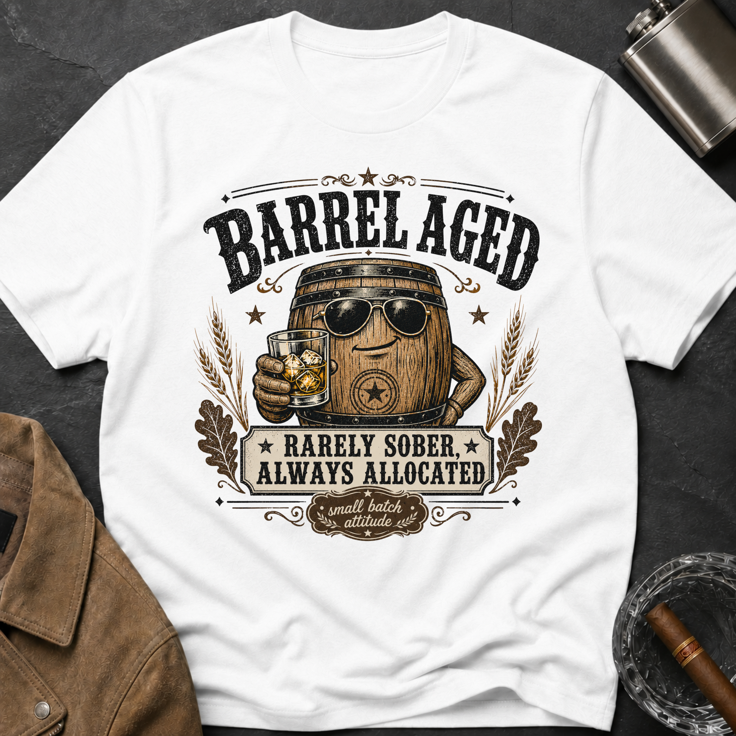 Barrel Aged T-Shirt — "Barrel Aged: Rarely Sober, Always Allocated" Vintage Whiskey Tee