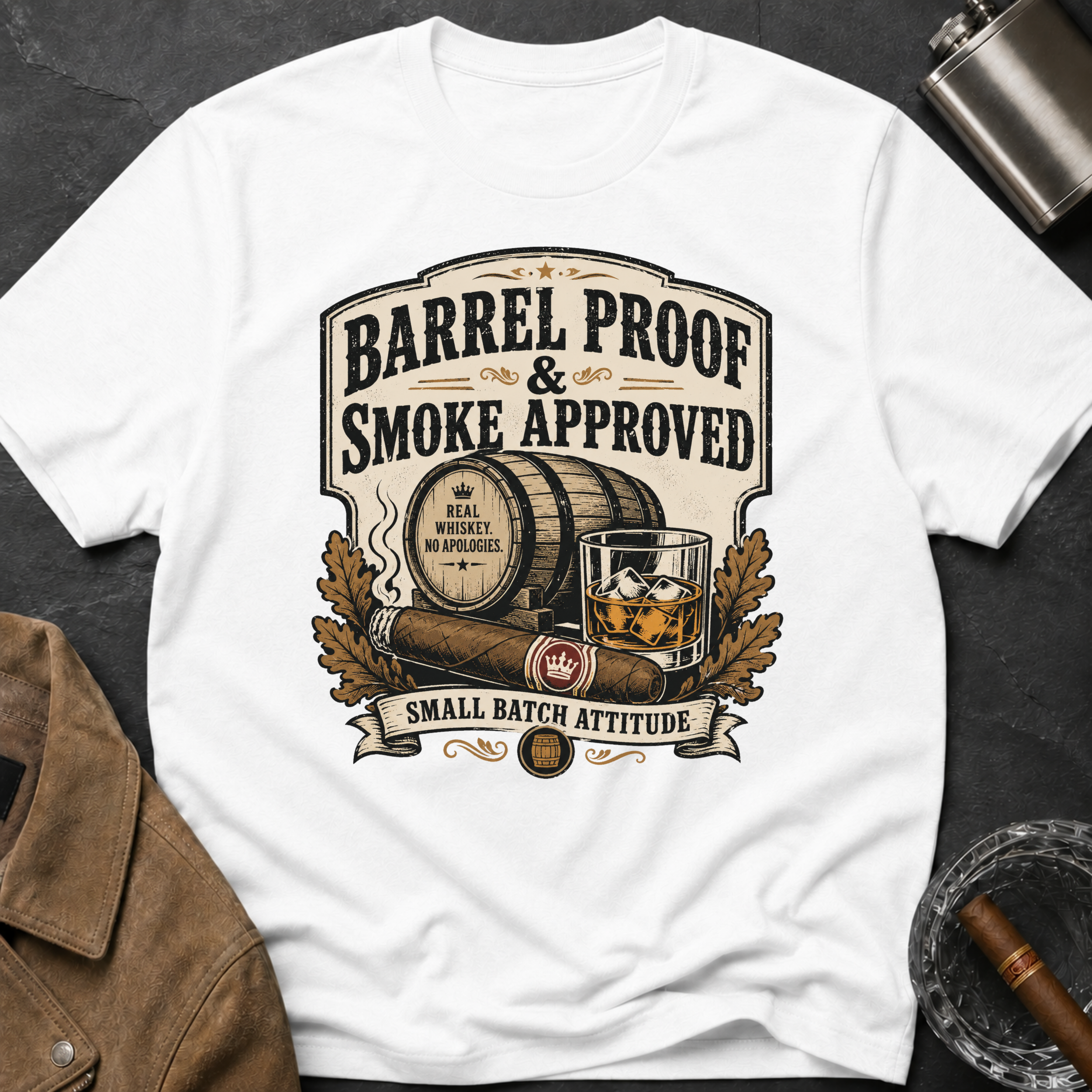 Barrel Proof & Smoke Approved T-Shirt — Whiskey Barrel Distillery Tee